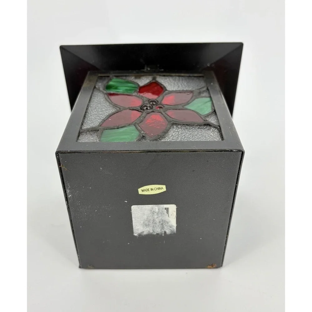 Stained Glass Tea Light Candle Holder Lantern Poinsettia Christmas Decoration